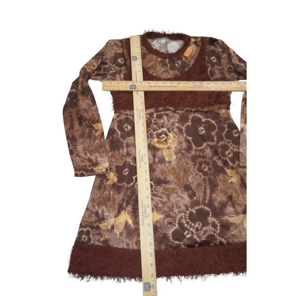 Y2K Brown Floral Mesh Dress with Fuzzy Knit Trim Long Sleeve Retro Layered S - Picture 8 of 11